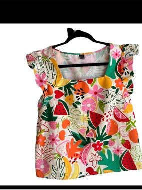 SHEIN VCAY Pink Floral Square Neck Top with Green and Yellow Trim Size Medium